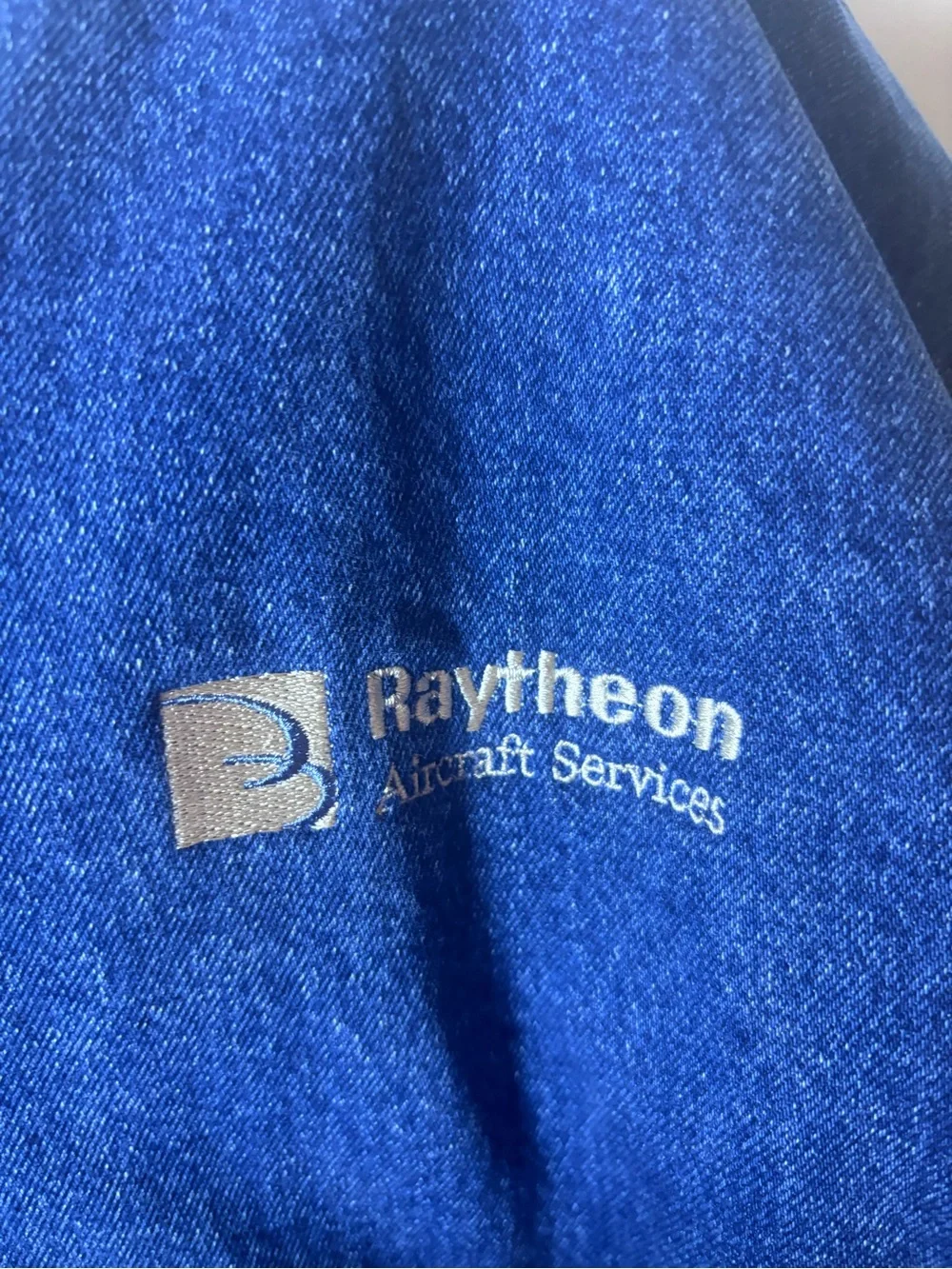 Vintage Swingster 2 Tone Denim Khaki Varsity Jacket Raytheon Aircraft